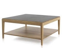 Mesa de centro cuadrada de roble y cerámica con estante en madera tinte natural tablero cerámico marrón oxidado 100x100 cm