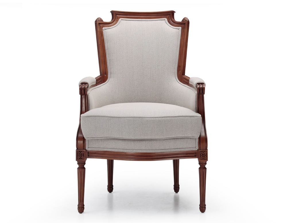 Fauteuil bergère style Louis XVI bois teinte ancienne et tissu beige naturel