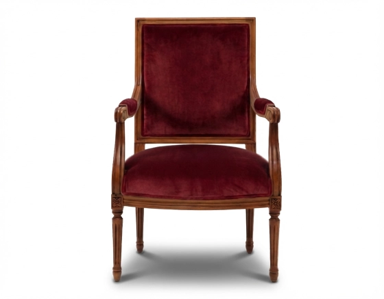 Fauteuil ancien style Louis XVI bois teinte ancienne et tissu bordeaux