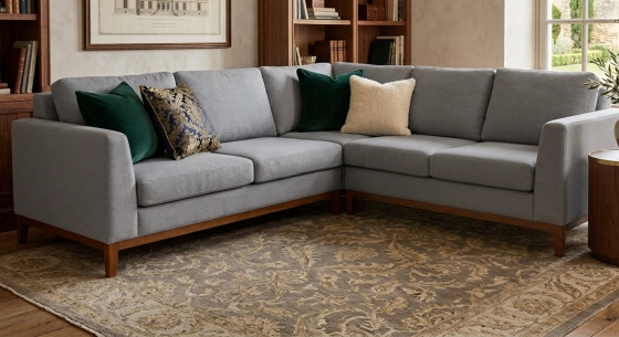 Canapé d'angle 5 places tissu gris clair (2G - A - 2D)
