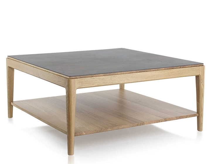 Mesa de centro cuadrada de roble y cerámica con estante en madera tinte natural tablero cerámico marrón oxidado 100x100 cm
