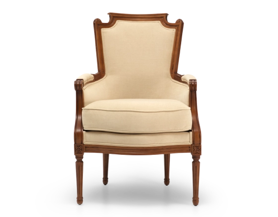 Louis XVI style bergère armchair wood antique stain and cream fabric