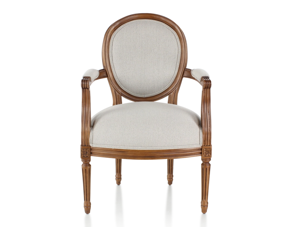 Fauteuil ancien style Louis XVI bois teinte ancienne et tissu beige naturel