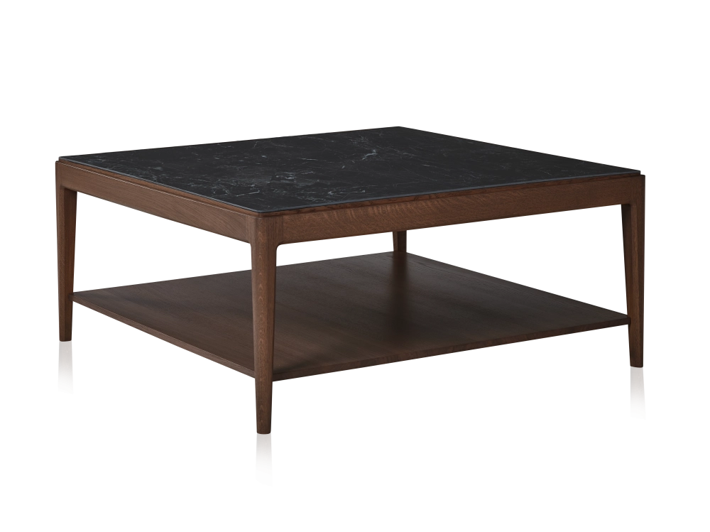 Table basse carrée en chêne et céramique avec tablette en bois teinte marron foncé plateau céramique noir unie 100x100 cm