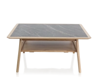 Table basse carrée en chêne et céramique avec bois teinte naturelle plateau céramique effet marbre noir 100x100 cm