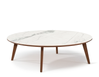 Round walnut and ceramic F1 coffee table wooden tray with a natural finish and a white marble-effect ceramic top m1. 100x100x30 cm
