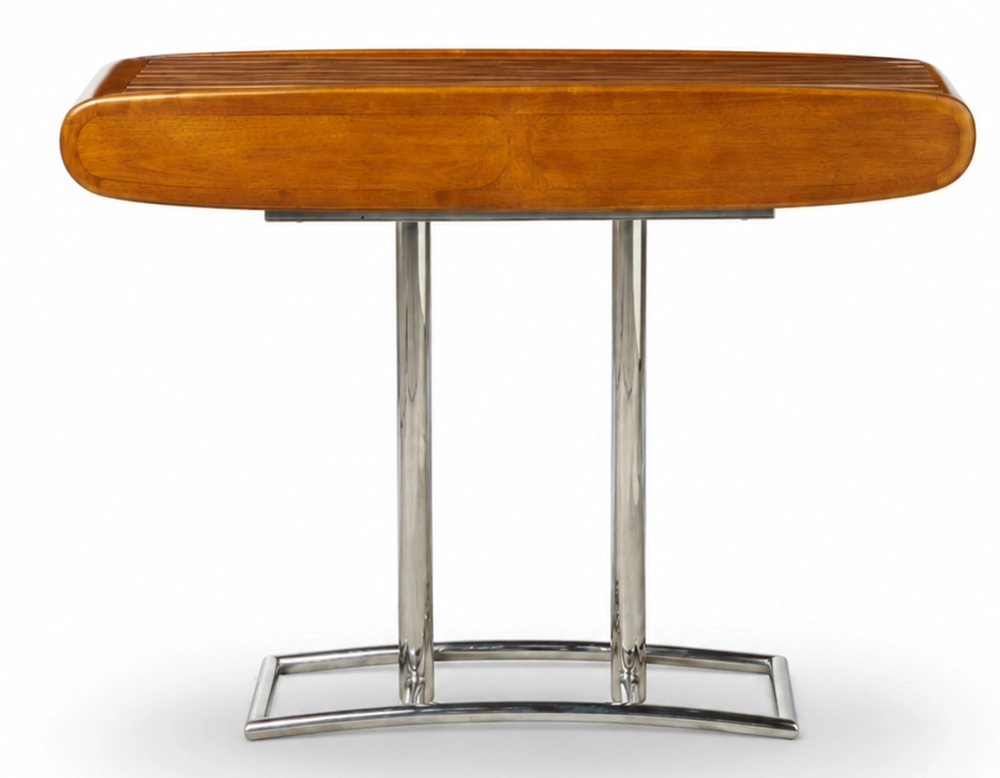 Console art déco double tiroirs métal et bois teinte merisier