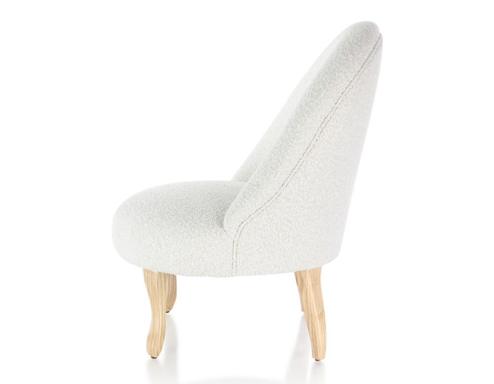 Armless toad chair natural tint wooden legs and white looped fabric