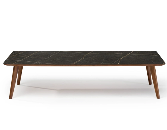 Table basse rectangulaire F7 en noyer et céramique bois teinte naturelle et céramique effet marbre noir 160x80x30 cm