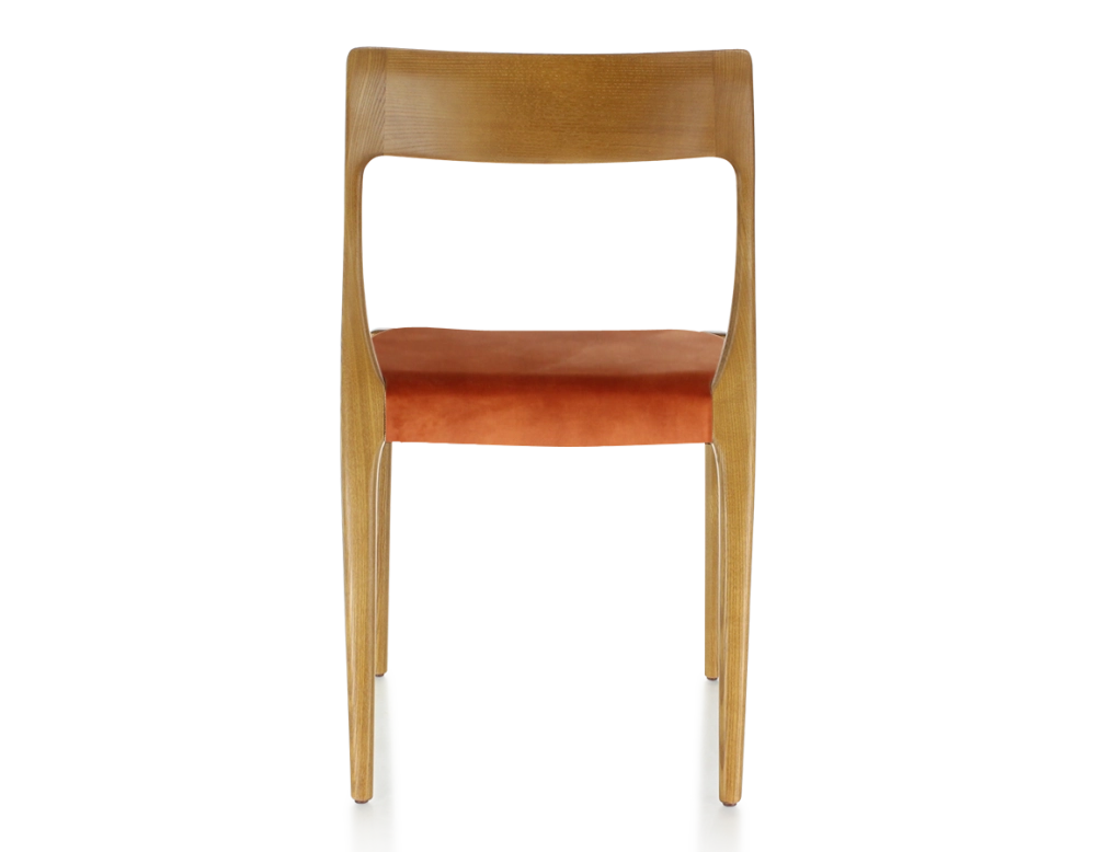 Chaise scandinave bois teinte merisier assise tissu velours terracotta