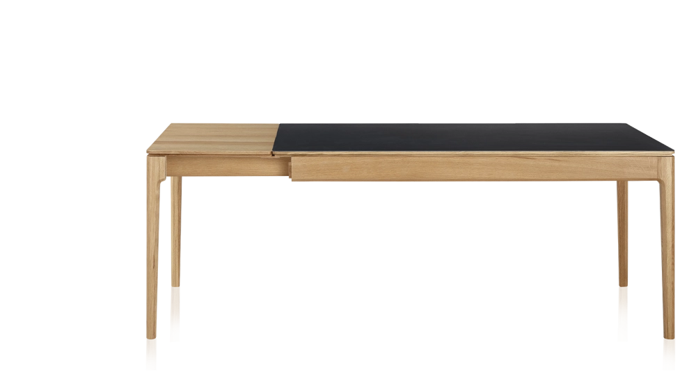 Table extensible 8 à 12 personnes en chêne et céramique allonges bois avec bois teinte naturelle et plateau céramique noir unie 180x100 cm