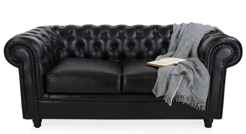Canapé Chesterfield cuir 2 places noir accoudoirs cloutés