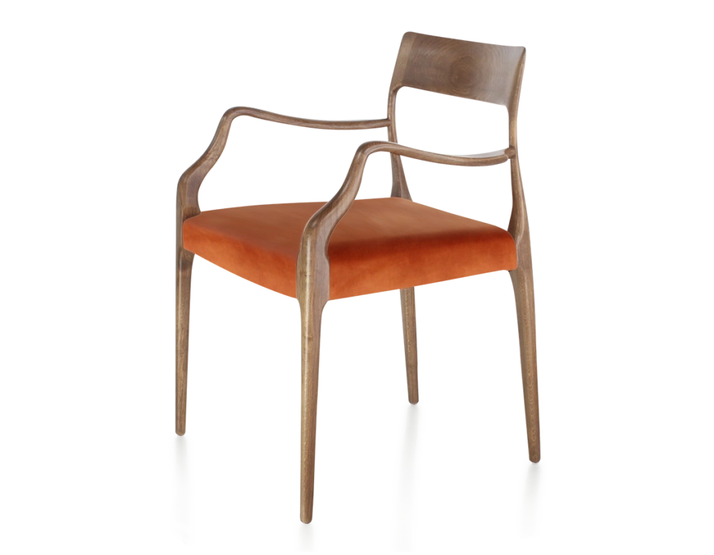 Chaise scandinave avec accoudoirs bois teinte noyer assise tissu velours terracotta