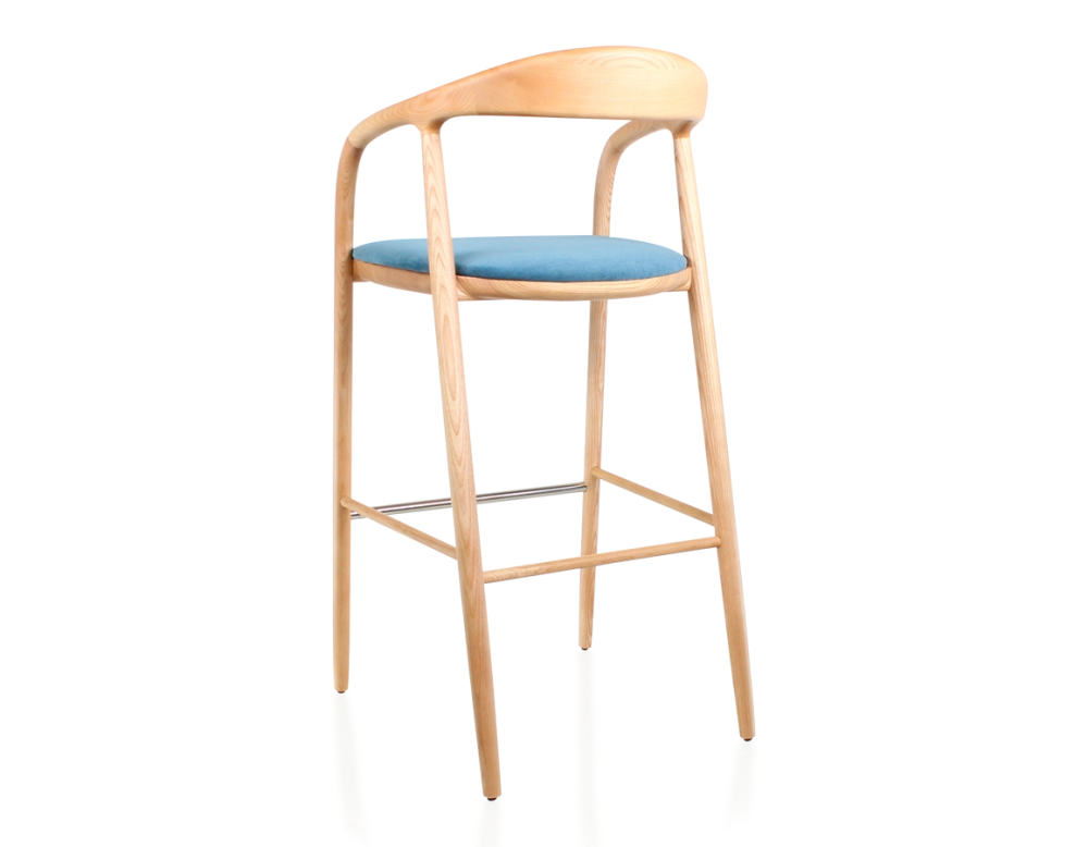 Tabouret de bar h80 cm teinte naturelle assise tissu bleu jean bois teinte naturelle et tissu bleu jean