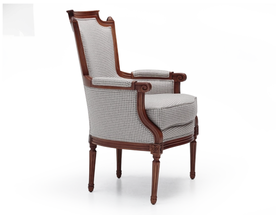 Louis XVI style bergère armchair wood antique stain and white and taupe houndstooth fabric
