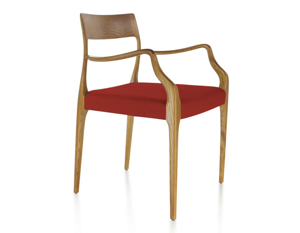 Silla escandinava con reposabrazos madera tinte cerezo asiento tejido burdeos