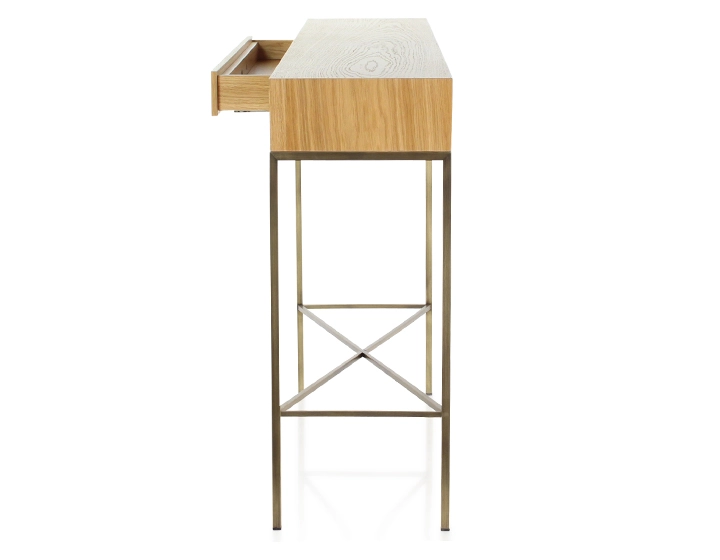 Console design frêne teinte naturelle et métal patine laiton 100 cm