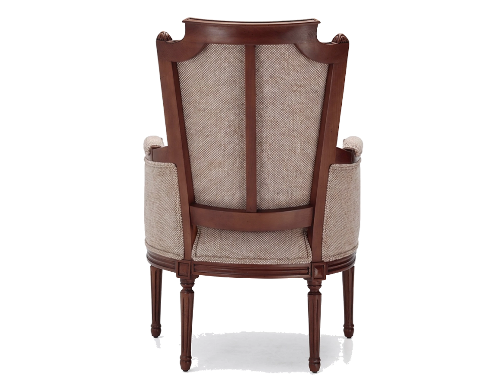 Louis XVI style bergère armchair bois teinte ancienne et tissu chiné beige, gris et orange