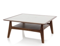 Mesa de centro cuadrada de nogal y cerámica madera tinte natural tablero cerámico efecto mármol blanco 100x100 cm