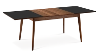 Table extensible 8 à 12 personnes en noyer et céramique allonges bois avec bois teinte naturelle et plateau céramique noir unie 180x100 cm