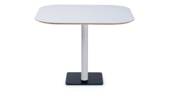 Table bistrot plateau en chêne et fenix blanc, colonne métal blanc, pied métal vert foncé