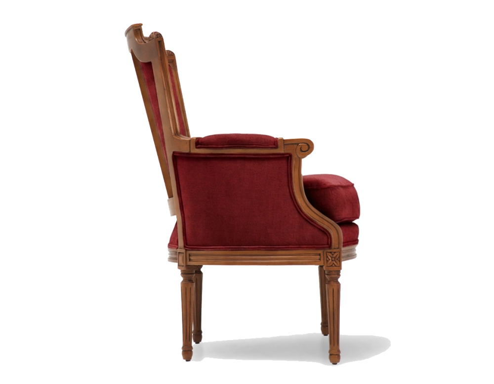 Louis XVI style bergère armchair bois teinte ancienne et tissu bordeaux