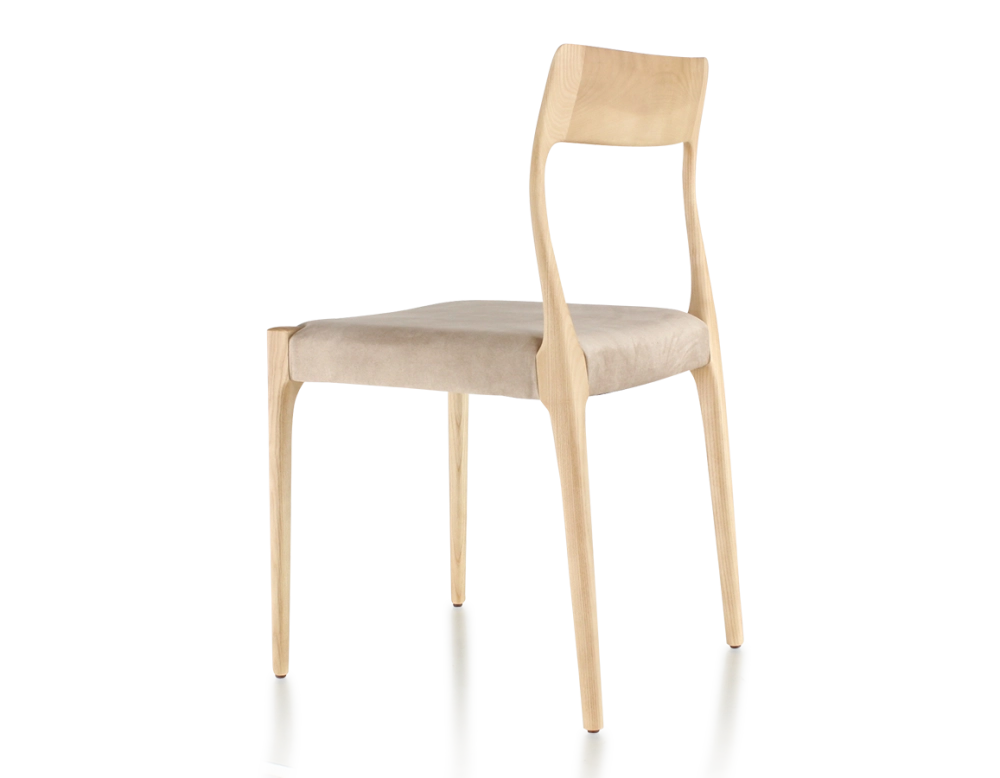 Chaise scandinave bois teinte naturelle assise tissu velours taupe clair