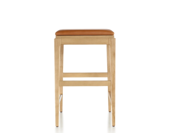 Tabouret de bar design H60 cm bois teinte naturelle assise cuir caramel