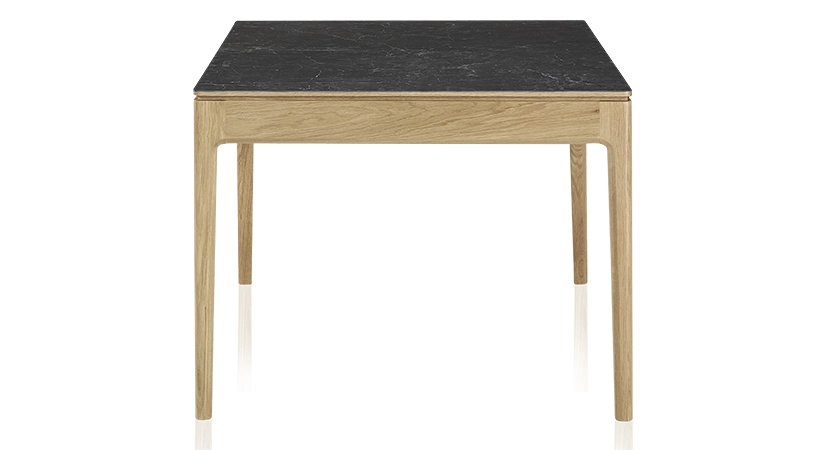 Table extensible en chêne et céramique 6 à 10 personnes allonges céramique avec bois teinte naturelle et plateau et allonges céramique effet ardoise 140x90 cm