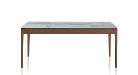 Table salle à manger en chêne et céramique 8 personnes avec bois teinte marron foncé et plateau céramique effet marbre blanc 180x100 cm