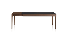 Table extensible 6 à 10 personnes en chêne et céramique allonges bois avec bois teinte marron foncé et plateau céramique noir unie 140x90 cm