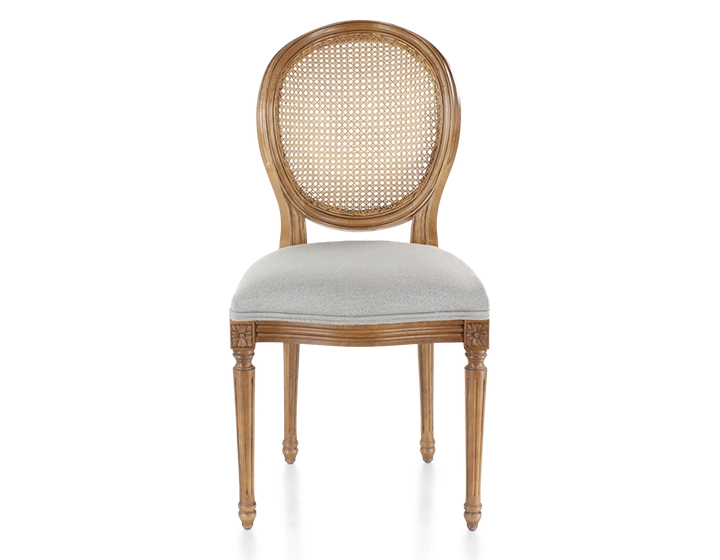 Silla antigua estilo Luis XVI madera tinte envejecido respaldo de rejilla asiento tejido gris claro