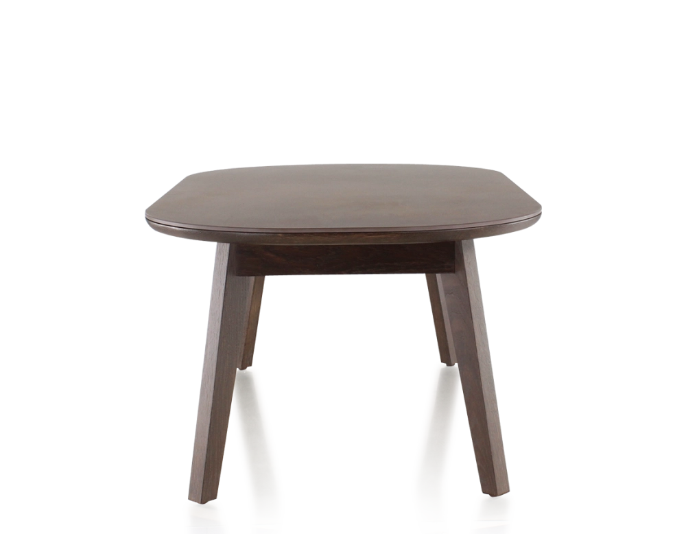 Table basse ovale en chêne et céramique avec bois teinte marron foncé plateau céramique brun oxydé 100x60 cm