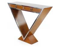 Console art déco double tiroirs bois teinte merisier