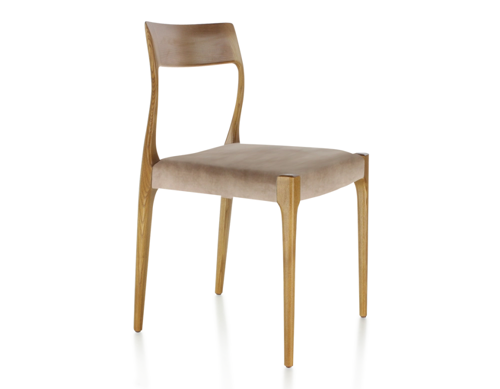 Chaise scandinave bois teinte merisier assise tissu velours taupe clair