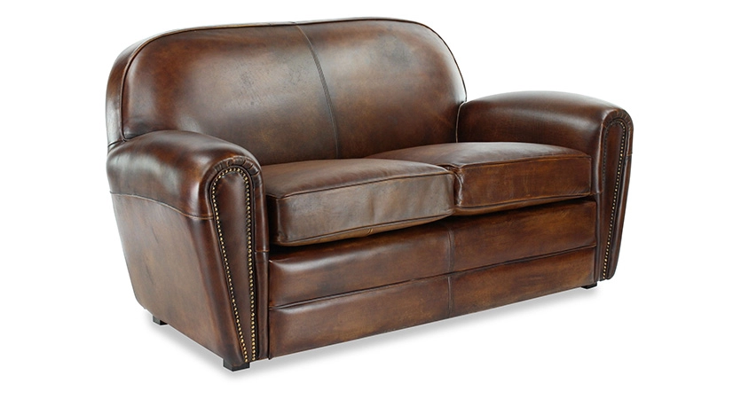2 seater leather club sofa dark brown studded armrests