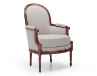 Louis XVI style moulded bergère armchair wood antique stain and natural beige fabric