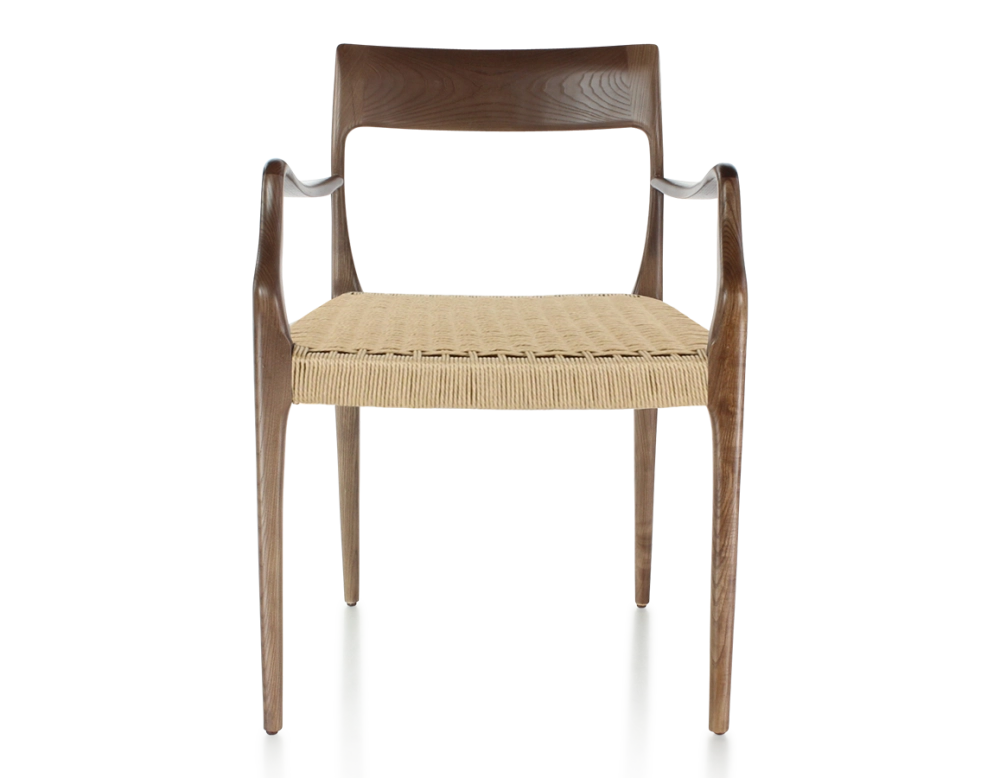 Chaise scandinave avec accoudoirs bois teinte marron foncé assise corde