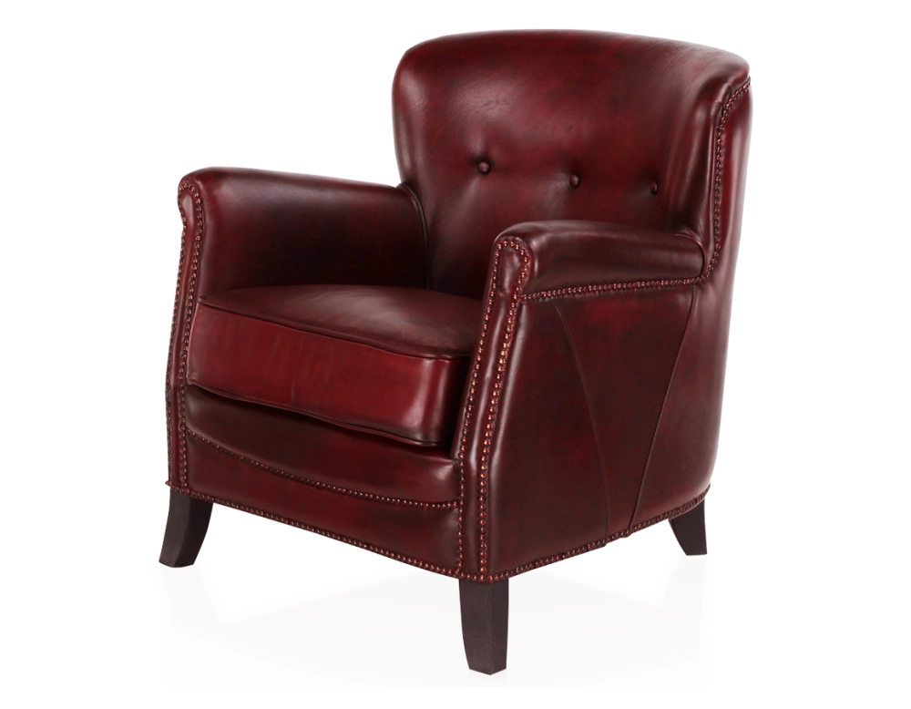 Fauteuil club cuir rouge carmin accoudoirs cloutés