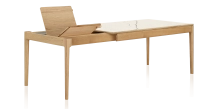 Extendable table for 8 to 14 people in oak and ceramic with wooden extensions with natural stained wood and white marble effect ceramic top 210x100 cm