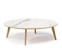 Table basse ronde F1 en chêne et céramique bois teinte naturelle plateau céramique effet marbre blanc 100x100x40 cm