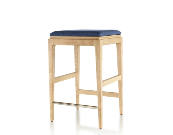 Tabouret de bar design H60 cm bois teinte naturelle assise tissu bleu marine