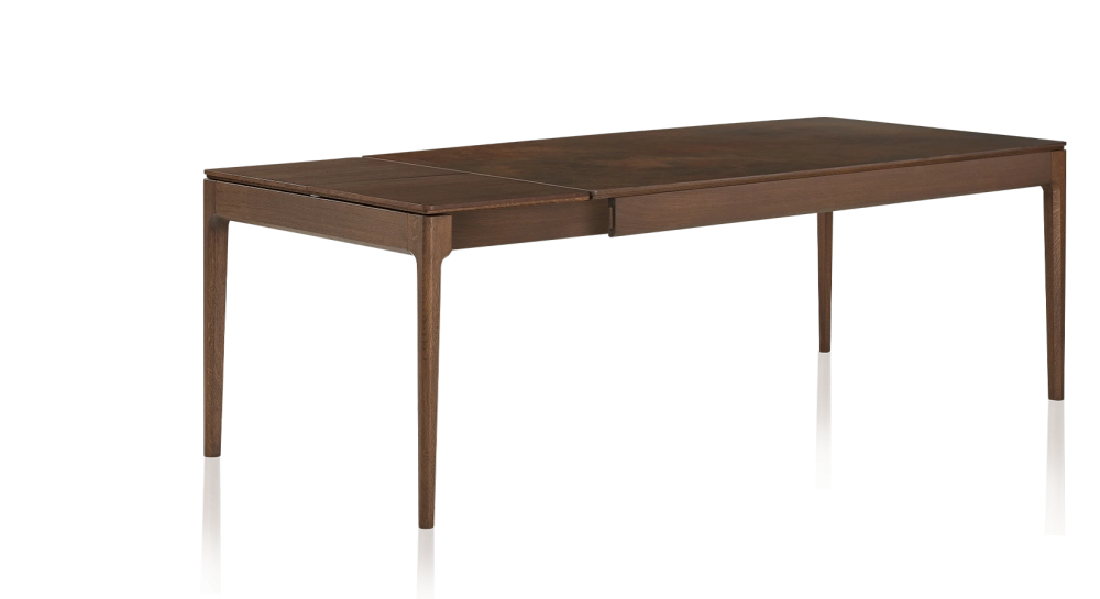 Extendable table for 8 to 12 people in oak and ceramic with wooden extensions with dark brown stained wood and oxidised brown ceramic top 180x100 cm
