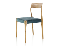 Chaise scandinave bois teinte merisier assise tissu velours bleu pétrole