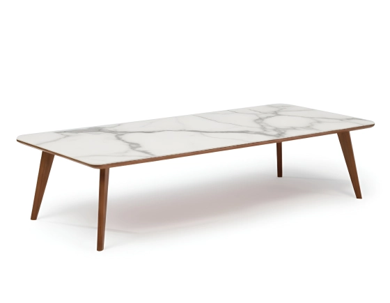 Table basse rectangulaire F7 en noyer et céramique bois teinte naturelle et céramique effet marbre blanc 160x80x30 cm