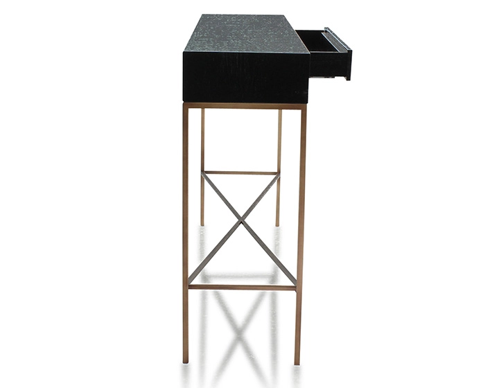 Console design frêne laqué noir et métal patine laiton 100 cm