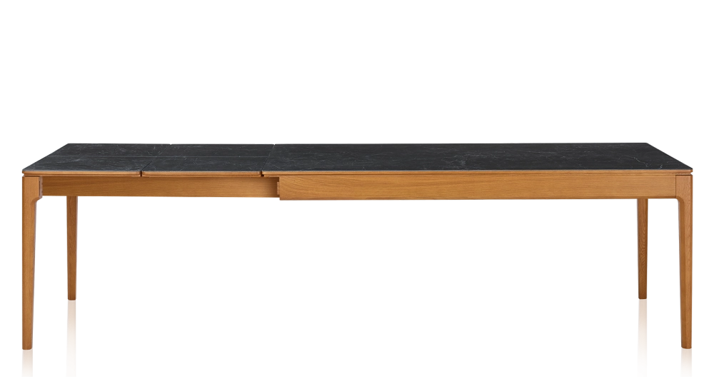 Table extensible 6 à 10 personnes en chêne et céramique allonges céramique avec bois teinte merisier et plateau et allonges céramique effet ardoise 160x100 cm
