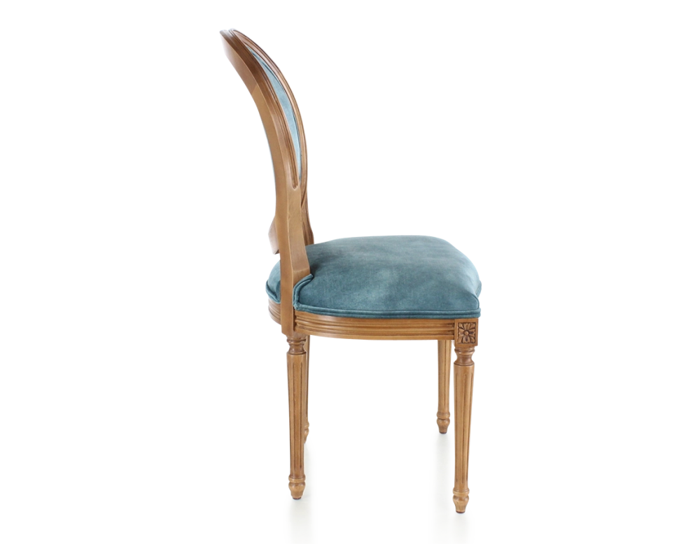 Chaise ancienne style Louis XVI bois teinte ancienne et tissu velours bleu pétrole