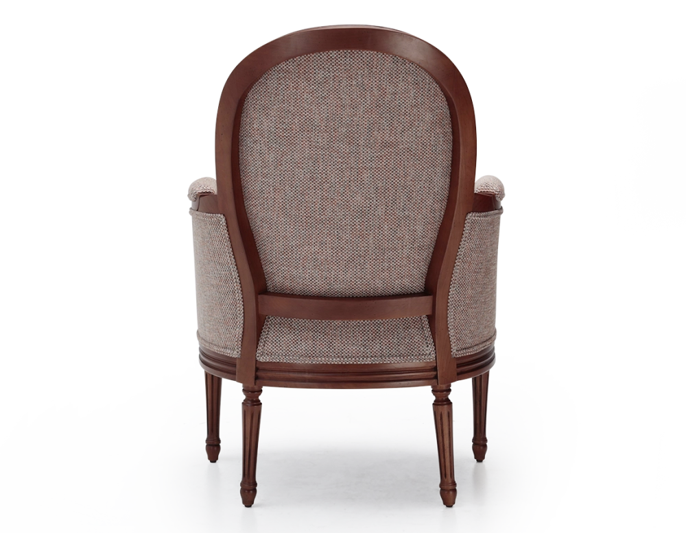 Fauteuil bergère mouluré style Louis XVI bois teinte ancienne et tissu chiné beige, gris et orange