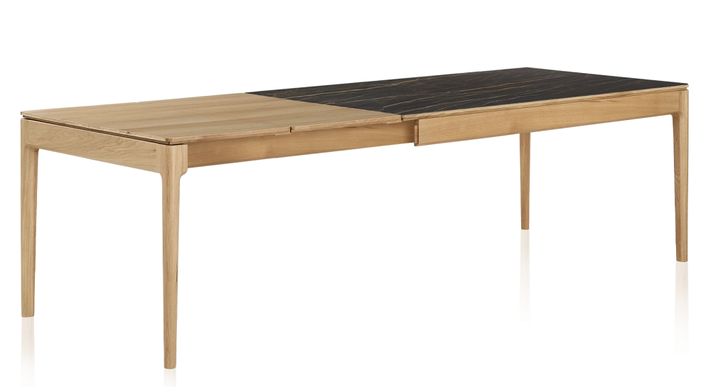 Extendable table for 8 to 14 people in oak and ceramic with wooden extensions with natural stained wood and black marble effect ceramic top 210x100 cm